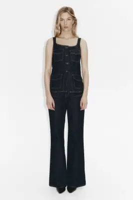Top à boutons en denim - Bleu denim foncé — photo 1