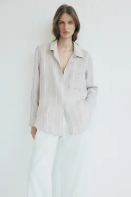 Chemise en lin - Beige clair/rayures blanches — photo 1