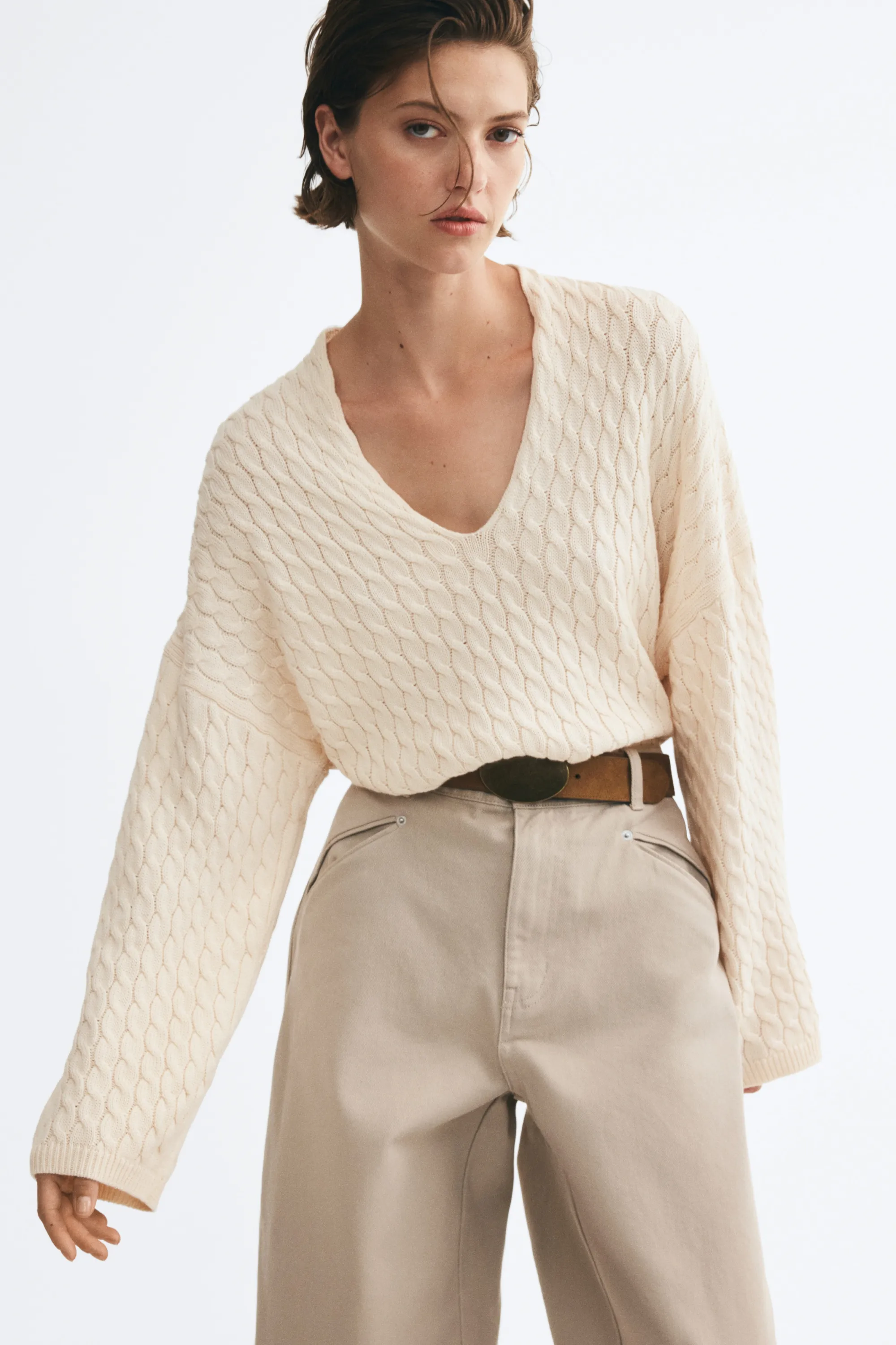 Pull oversize en maille torsadée - Beige clair