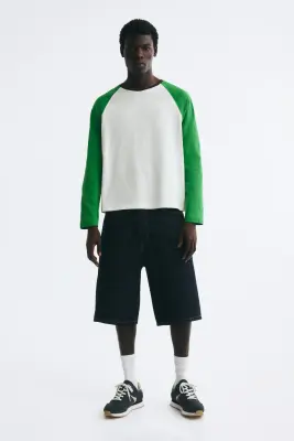 T-shirt à manches longues Relaxed Fit en coton - Crème/color block — photo 1