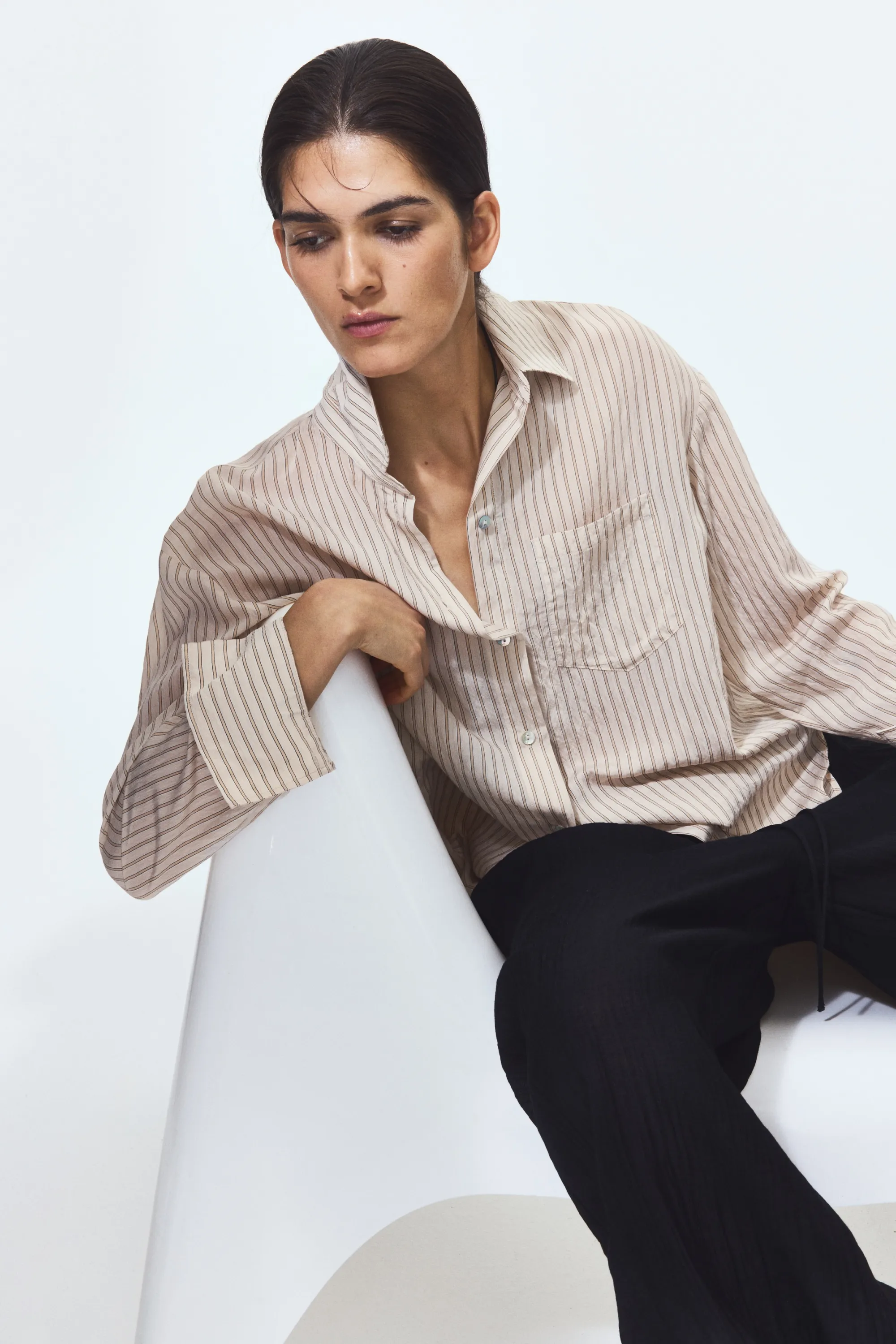 Chemise oversize - Beige clair/rayé
