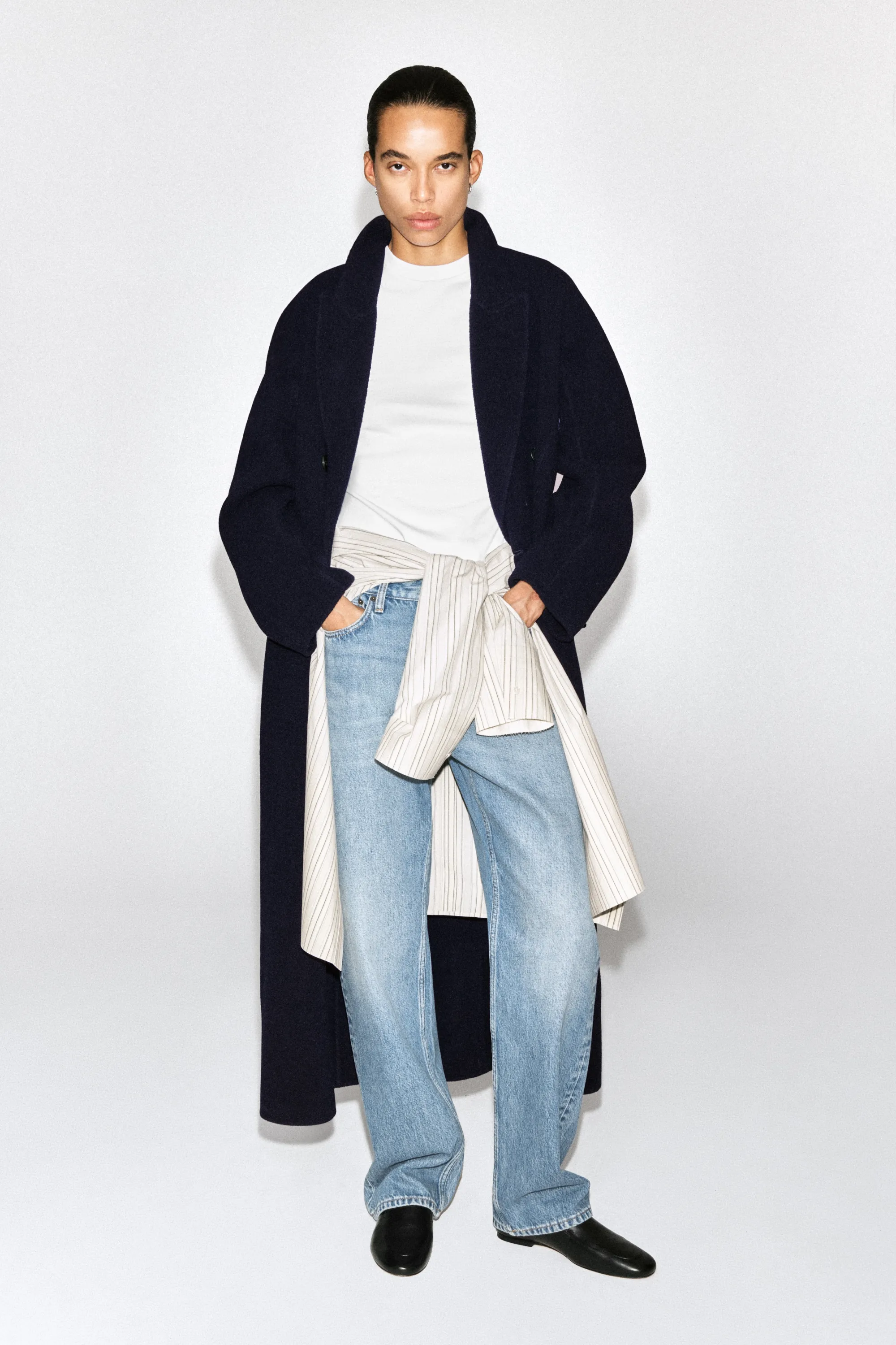 MANTEAU LONG DE TAILLEUR EN LAINE DOUBLE FACE - BLEU MARINE