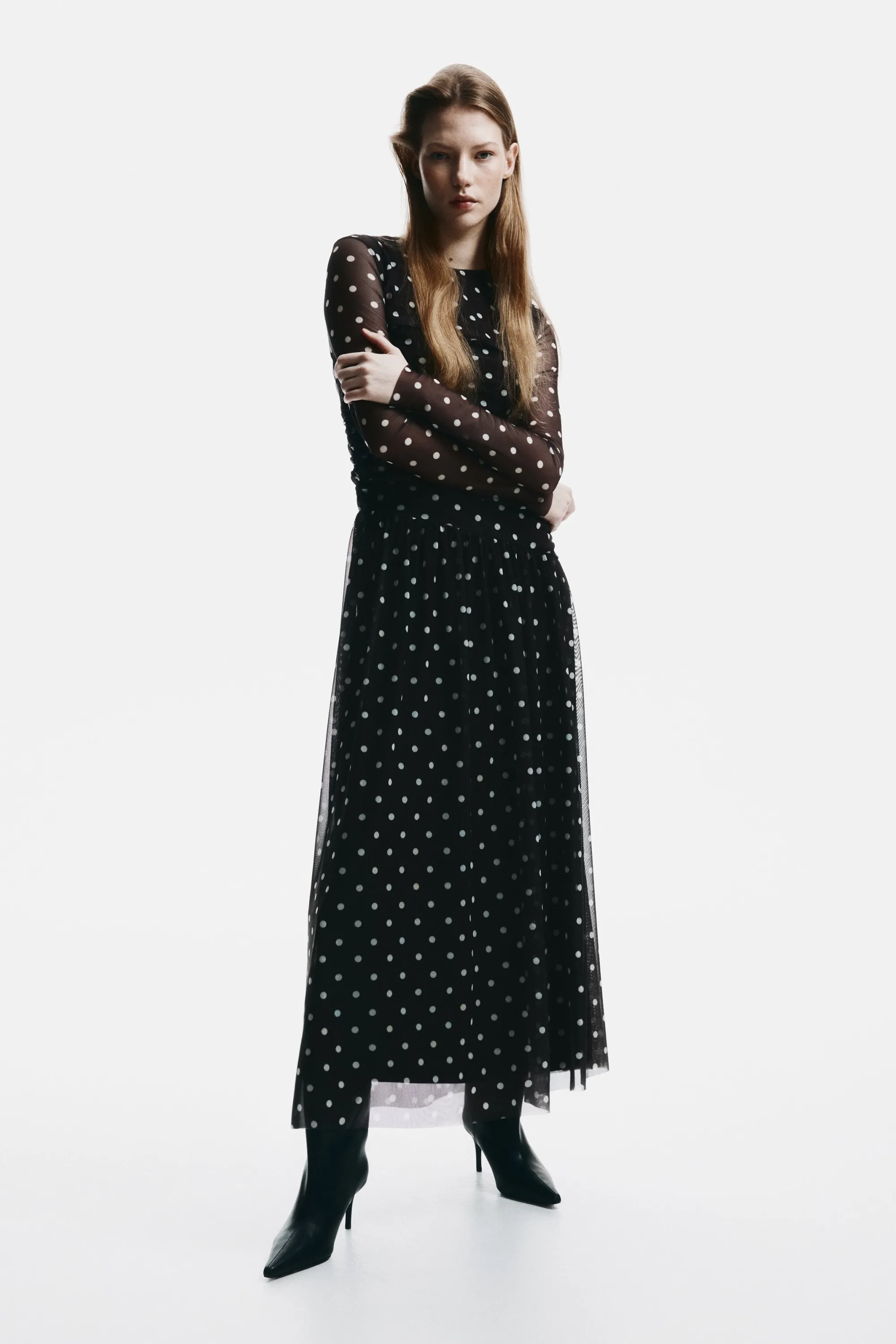Robe en mesh à effet drapé - Marron foncé/pois