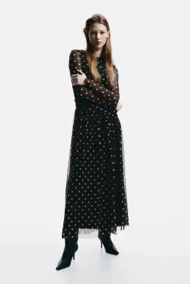 Robe en mesh à effet drapé - Marron foncé/pois — photo 1