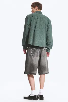 Chemise carrée à manches longues en popeline de coton - Carreaux verts — photo 3