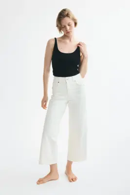 Wide High Waist Ankle Jeans - Crème — photo 3