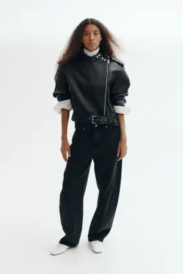 Veste de style motard en tissu enduit - Noir — photo 1
