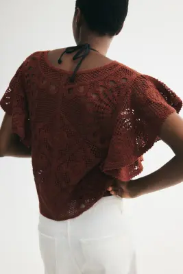 Top façon crochet avec manches volantées - Rouge rouille foncé — photo 3