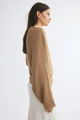 Pull en maille côtelée avec encolure bateau - Beige foncé — photo 3