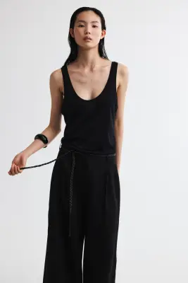 Pantalon en lin mélangé avec ceinture à nouer - Noir — photo 2