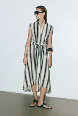 Robe chemise avec ceinture à nouer - Crème/rayures noires — photo 1