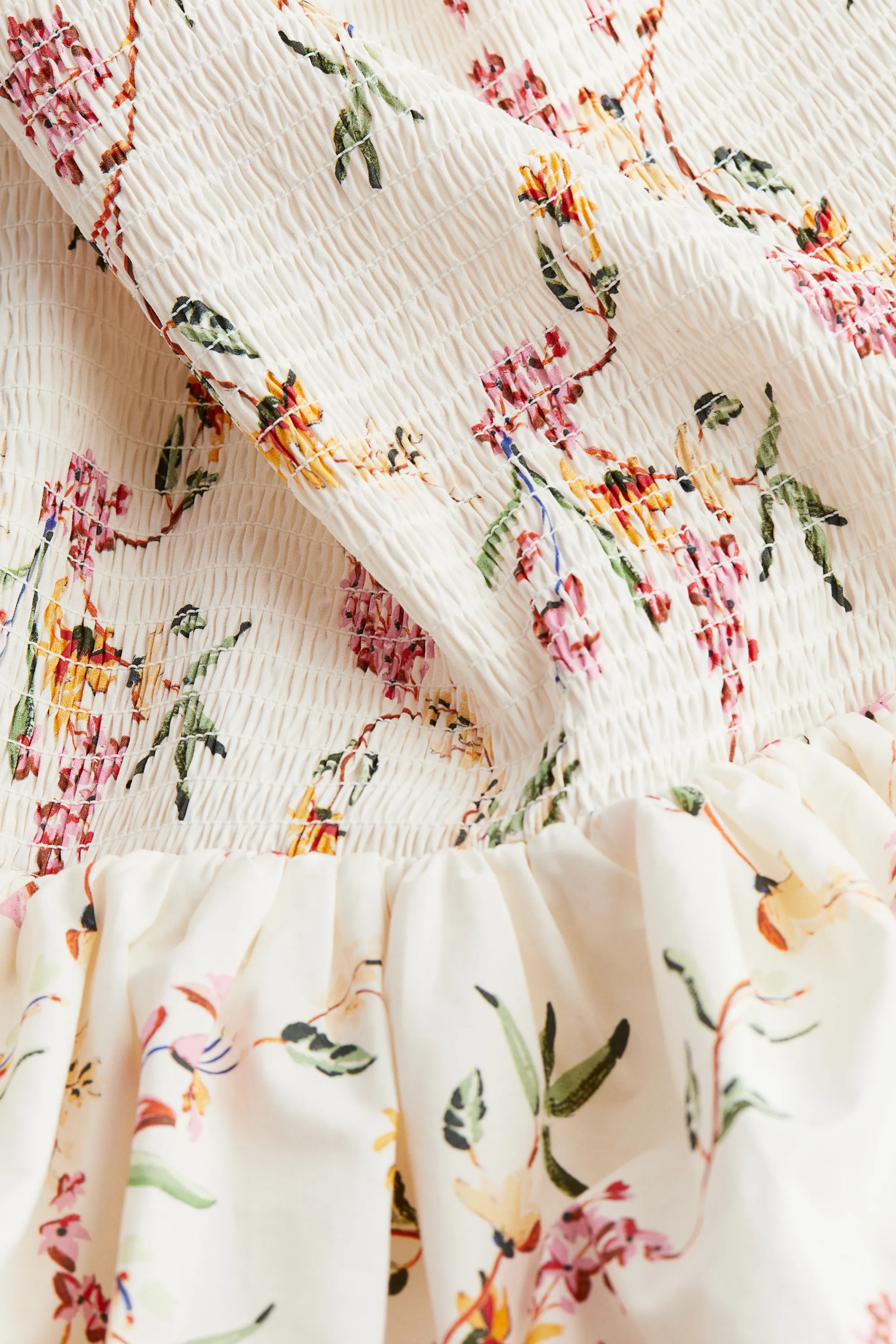 Robe épaules nues smockée - Crème/fleuri