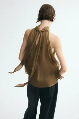Top en mousseline avec détail à nouer - Vert kaki — photo 3