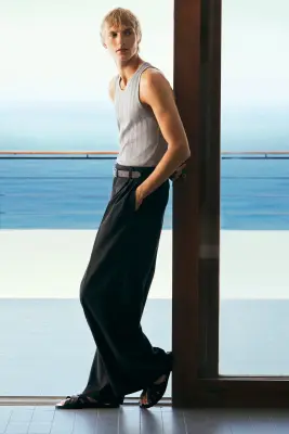 PANTALON LARGE À PLIS DÉCONTRACTÉ - BLEU MARINE / RAYURES FINES — photo 5