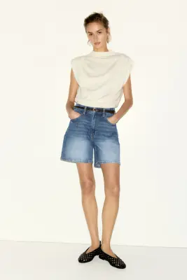 Short taille haute en denim - Bleu denim — photo 3