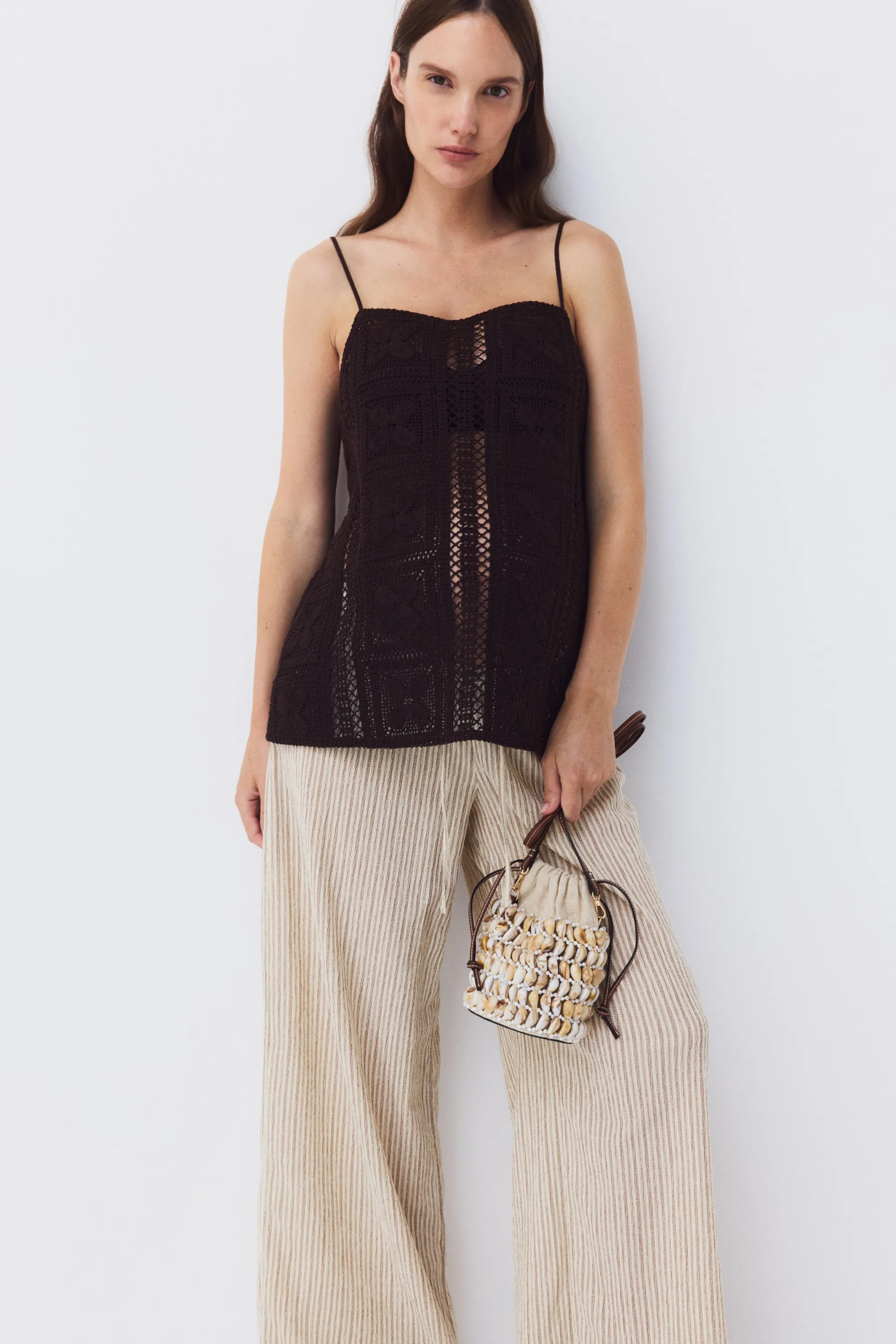 MAMA Pantalon texturé avec cordon de serrage - Beige clair/rayé