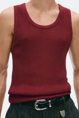 Débardeur côtelé Slim Fit en laine mélangée - Rouge foncé — photo 2