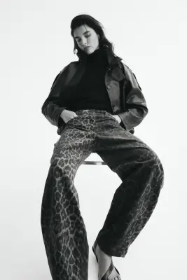 Pantalon barrel en velours - Marron foncé/imprimé léopard — photo 2