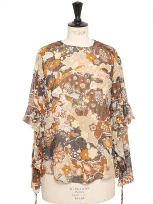 Blouse en soie manches longues fleuri camel beige et lamé doré Prix boutique 1290€ Taille 36 — photo 1