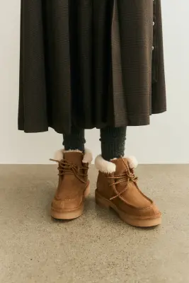 Bottines chaudement doublées en cuir velours fendu - Marron — photo 2