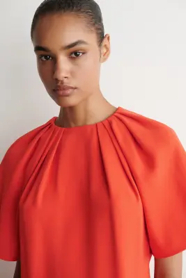 ROBE COURTE À MANCHES COURTES ET FRONCÉES - MANDARINE — photo 2