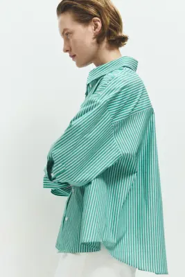 Chemise courte en popeline - Vert vif/rayures tennis — photo 2