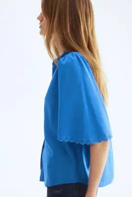 Blouse en coton mélangé - Bleu — photo 4