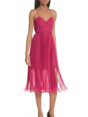 Robe midi en mousseline de soie plissée et dentelle rose fuchsia à fines bretelles Prix public $500 Taille 36 — photo 2