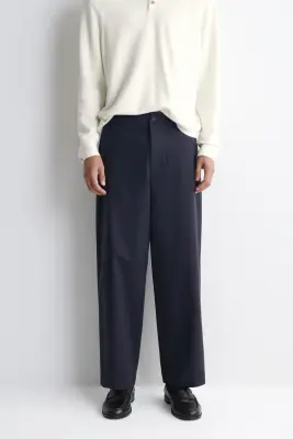 PANTALON DROIT DÉCONTRACTÉ EN SERGÉ DE COTON - BLEU MARINE — photo 1
