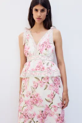MAMA Robe d'allaitement en lin mélangé - Crème/fleuri — photo 2
