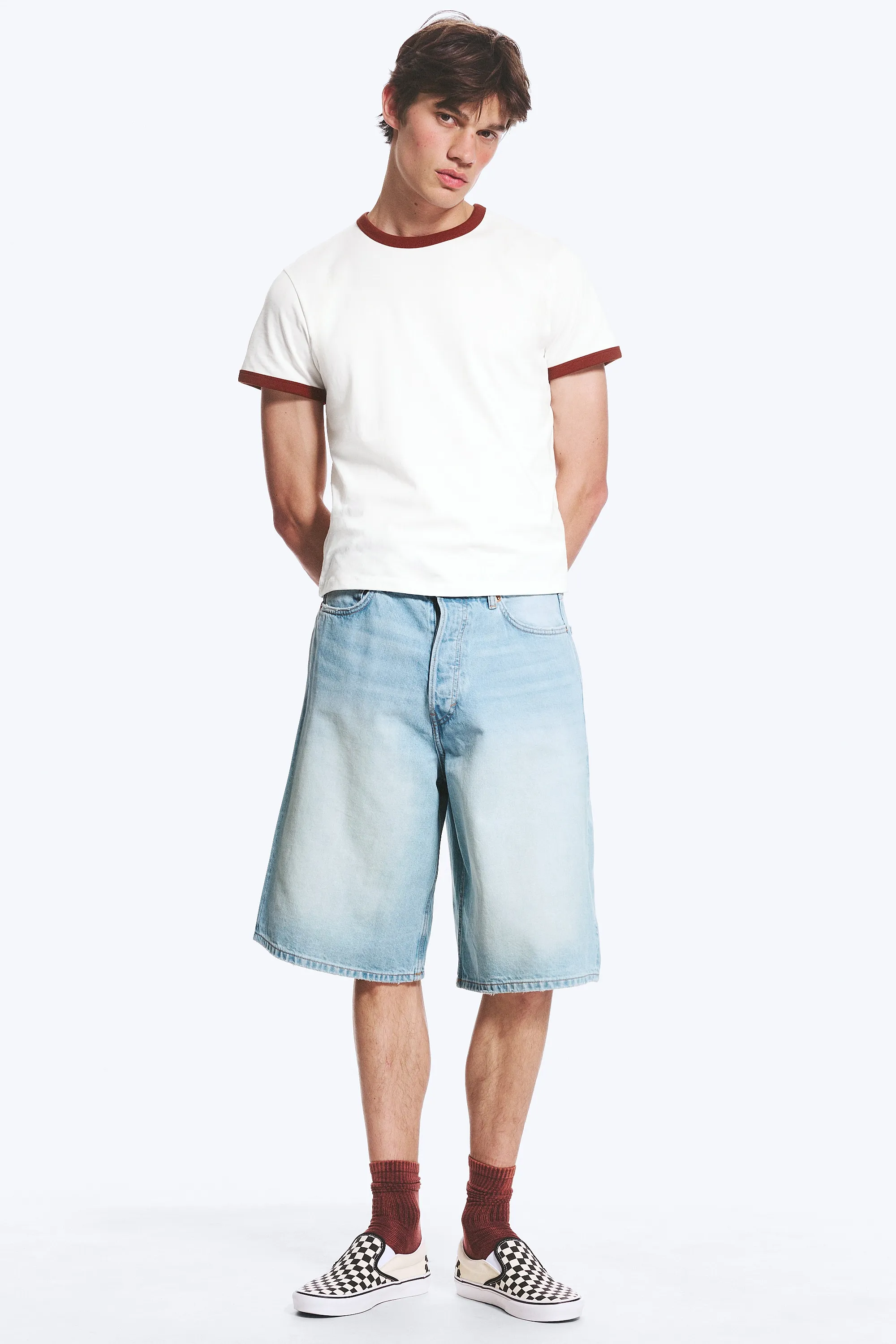 T-shirt en coton avec bordures contrastées et manches courtes - Blanc/Rouille