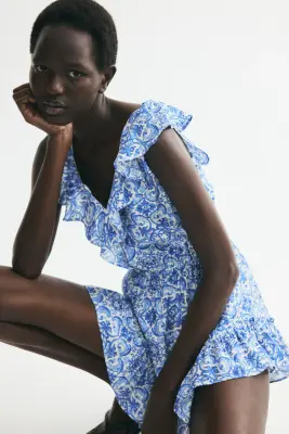 Combi-short volanté en viscose mélangée - Bleu/motif — photo 1