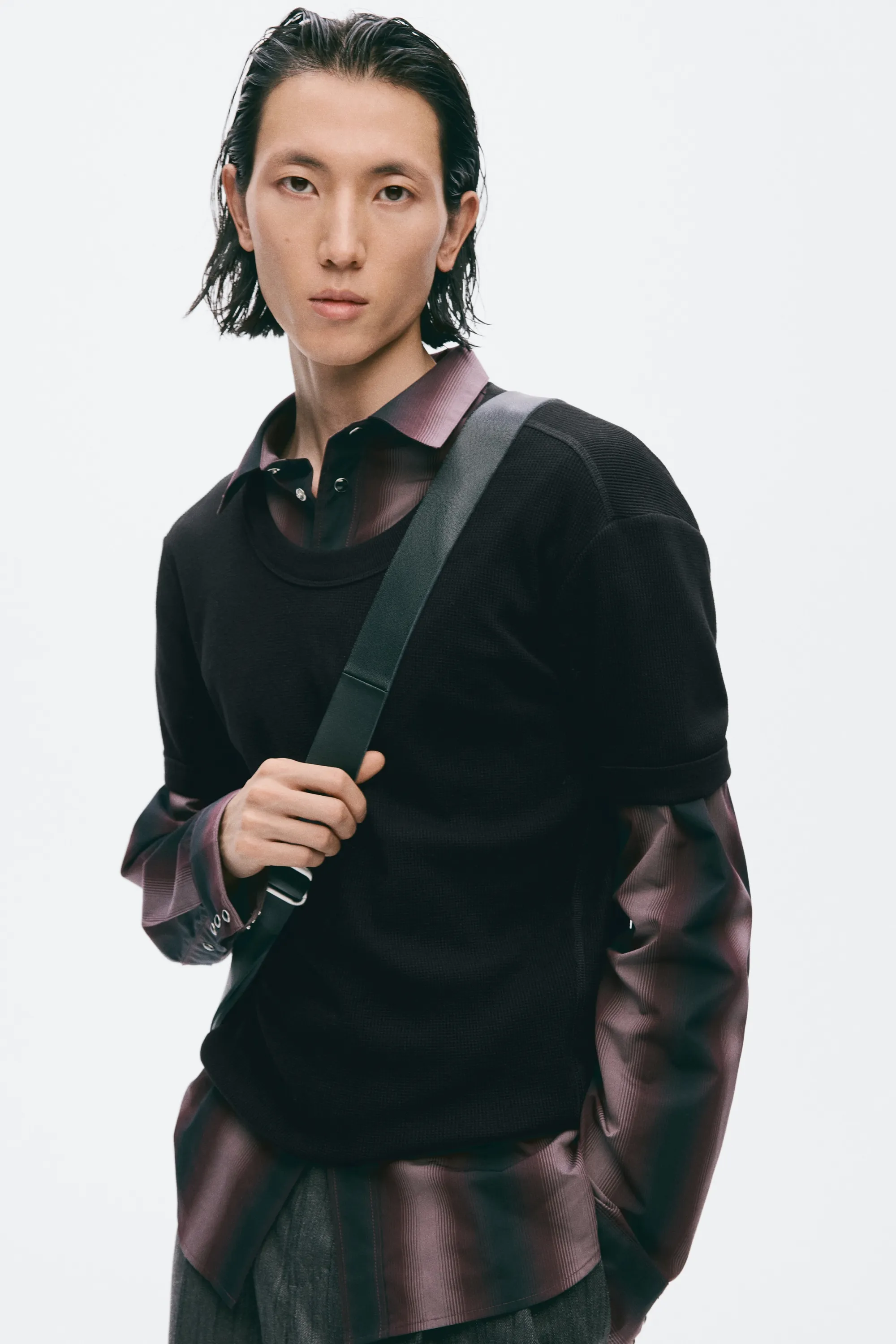 T-shirt gaufré Slim Fit en coton - Noir