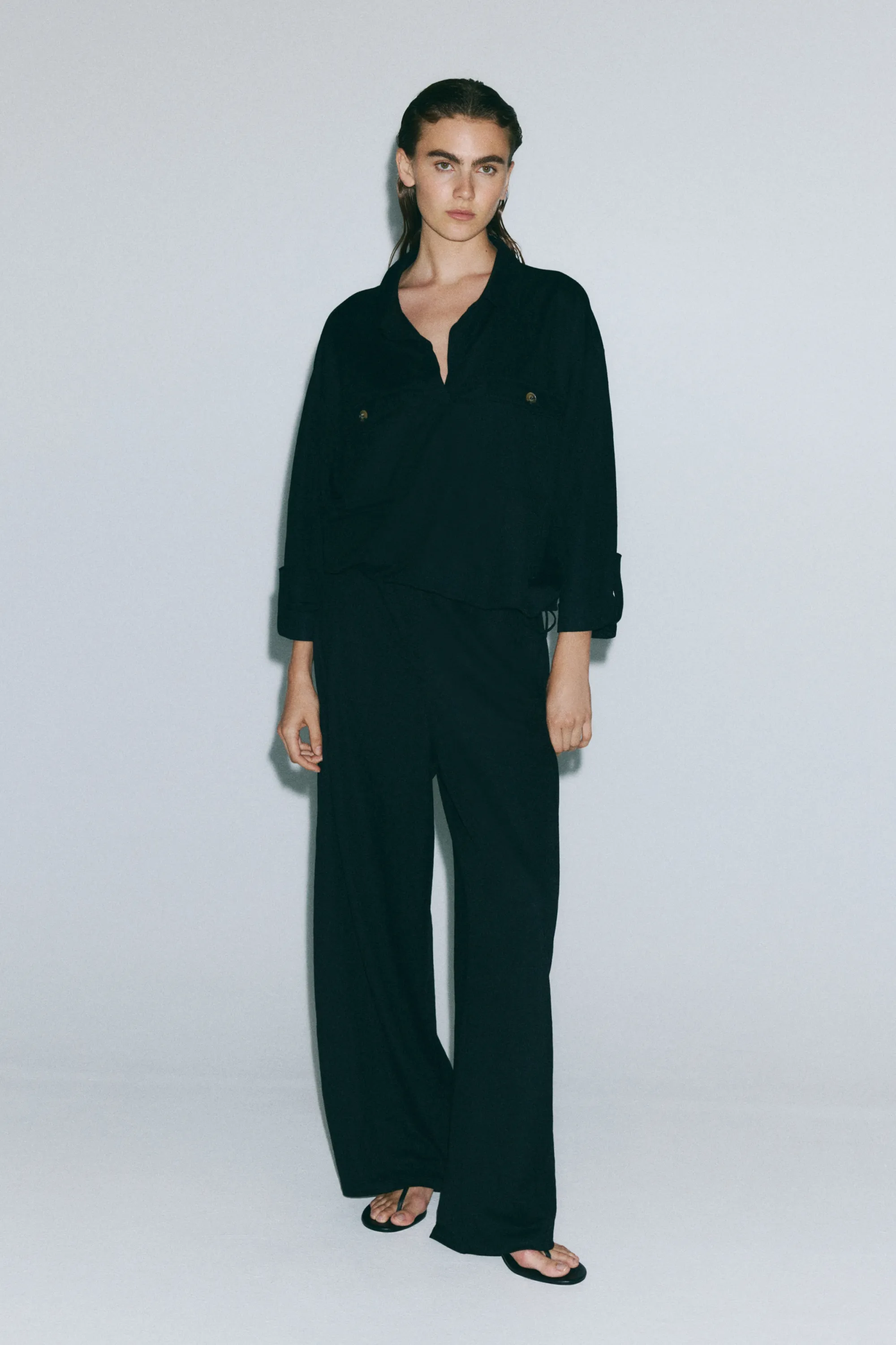 Chemise popover en piqué - Noir