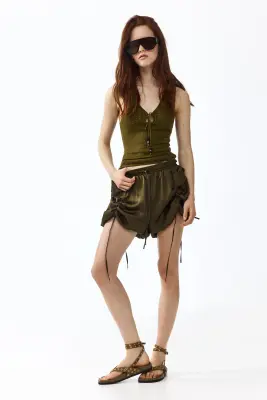 Pointelle-knit tie-detail top - Vert olive — photo 2