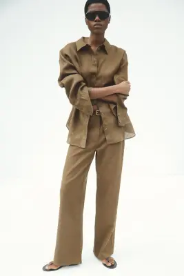Pantalon en lin mélangé - Marron — photo 1