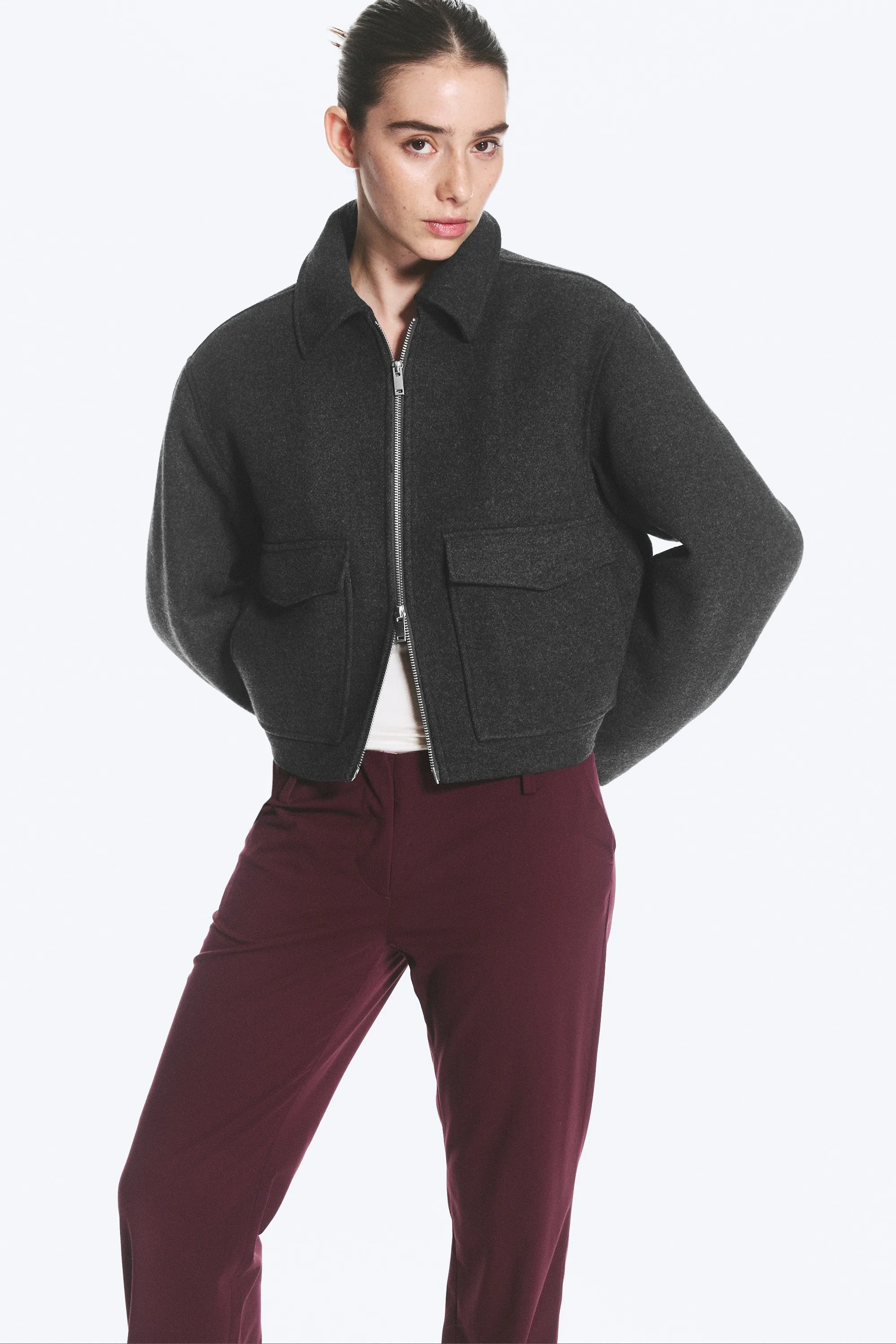 Veste zippée carrée courte - Gris foncé chiné