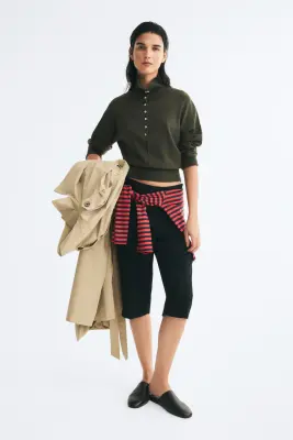 Pull en maille fine avec col cheminée - Vert kaki foncé — photo 1