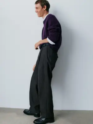 Pantalon large en laine - Marron — photo 5