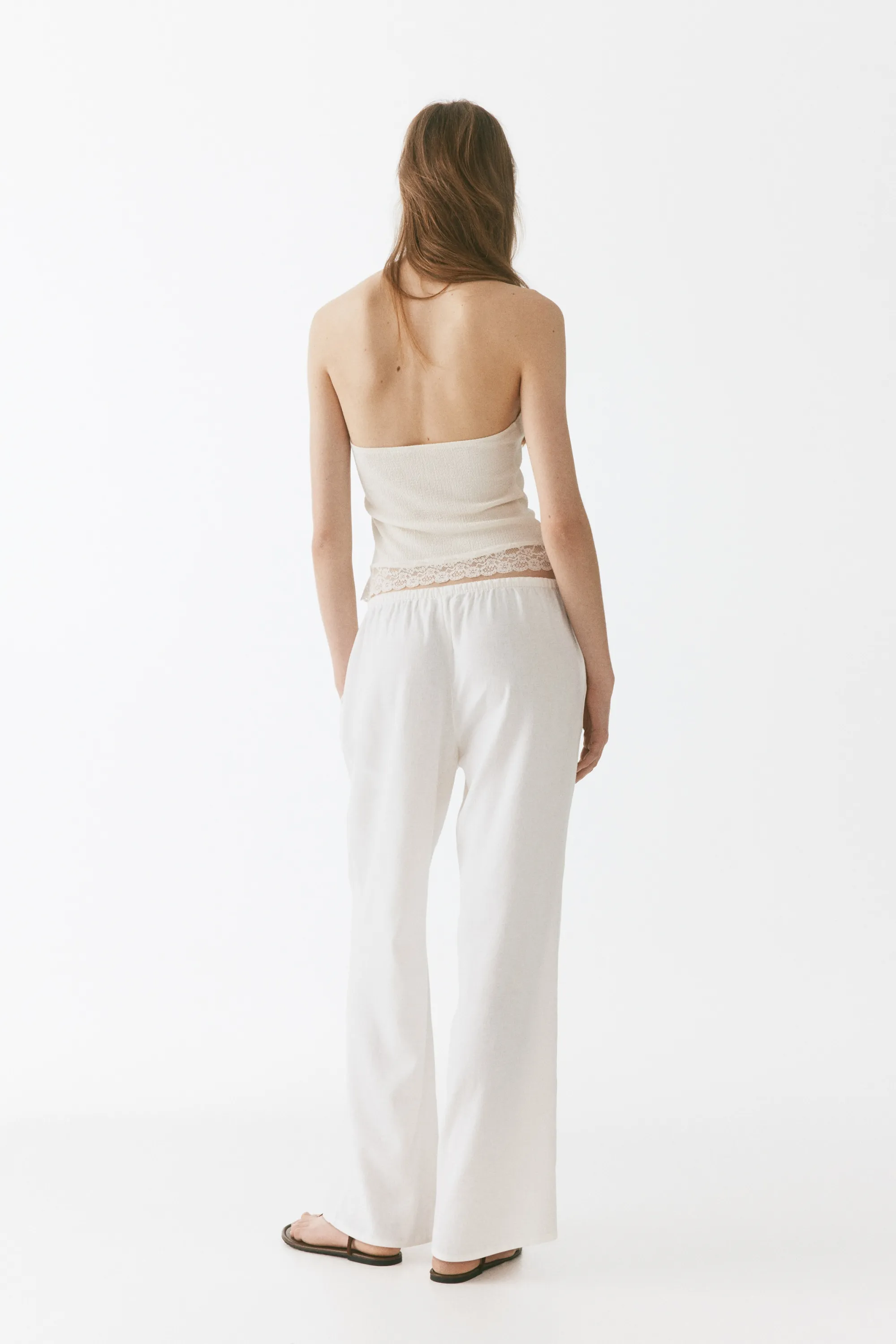 Pantalon en lin mélangé avec cordon de serrage - Ivoire
