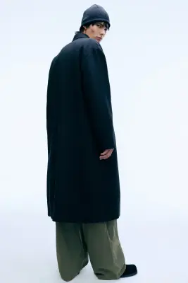 Manteau oversize en laine mélangée à boutonnage simple - Noir — photo 2