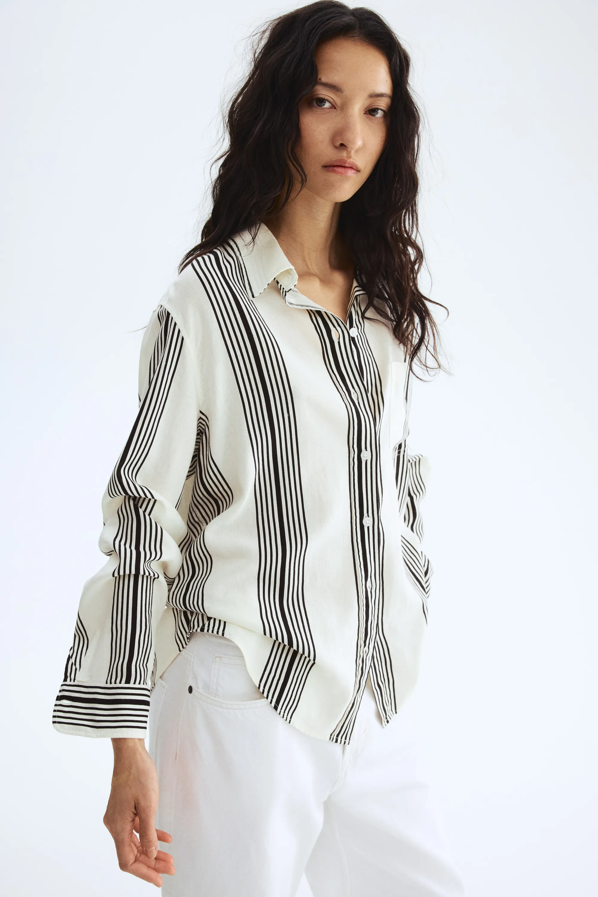 Chemise en lin mélangé - Blanc/rayures noires