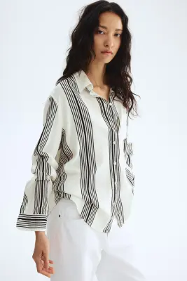 Chemise en lin mélangé - Blanc/rayures noires — photo 1
