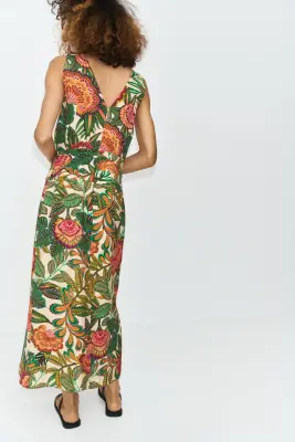 Robe midi avec encolure en V - Beige clair/fleuri — photo 4