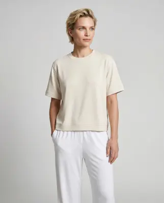 Sweat Blanc Col Rond Manches Courtes en Viscose / Elasthanne