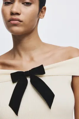 Top épaules nues avec nœud - Crème/noir — photo 1