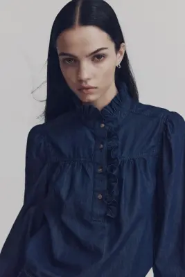 Blouse en denim avec col volanté - Bleu denim foncé — photo 1