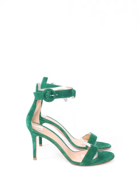 Sandales à talon fin et bride cheville en suede vert émeraude Prix boutique 690€ Taille 39
