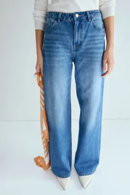 Straight High Waist Jeans avec foulard - Bleu denim/orange — photo 2