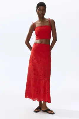 Top en coton avec broderie anglaise - Rouge vif — photo 2